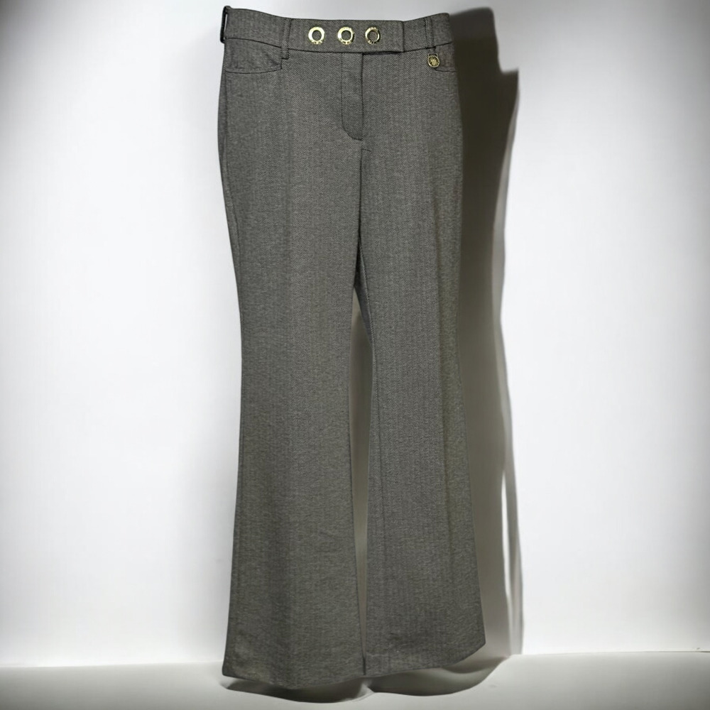 Anne Klein Herringbone Trousers Black Chevron Mid Rise Pants Gold Detail Size 10